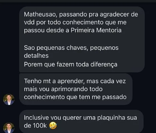 Mensagem de mentorado agradecendo pelo conhecimento desde a primeira mentoria