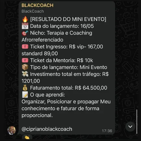 Print do resultado do Cipriano, terapia e coaching: R$ 64.500 faturados com R$ 1.201 de tráfego