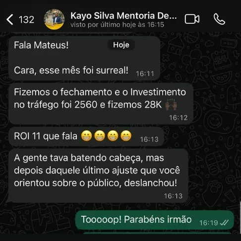 Print do resultado do Kayo Silva: R$ 28.000 com ROI de 11 vezes